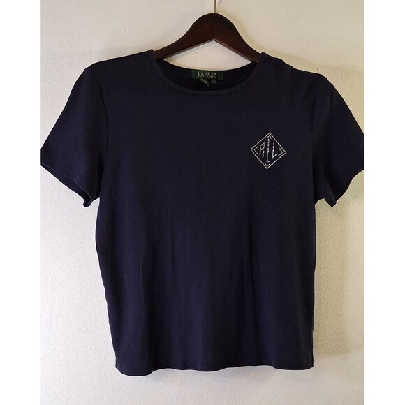LAUREN RALPH LAUREN Navy Baby Tee Women's Sz L Rhinestone Logo Casual Classic - Picture 1 of 6